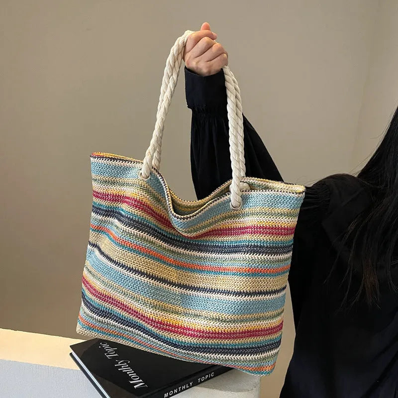 Blue woven nylon shoulder bag with large capacity and a single strap
