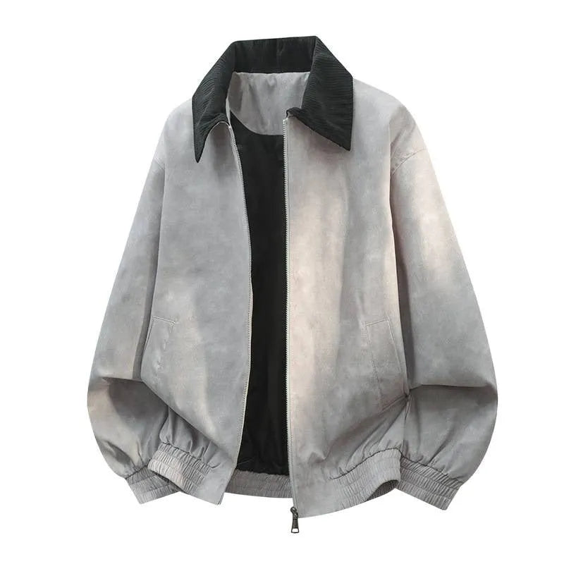 Men's casual jacket with detailed stitching on the lapel collar, shown in a straight hem cut.