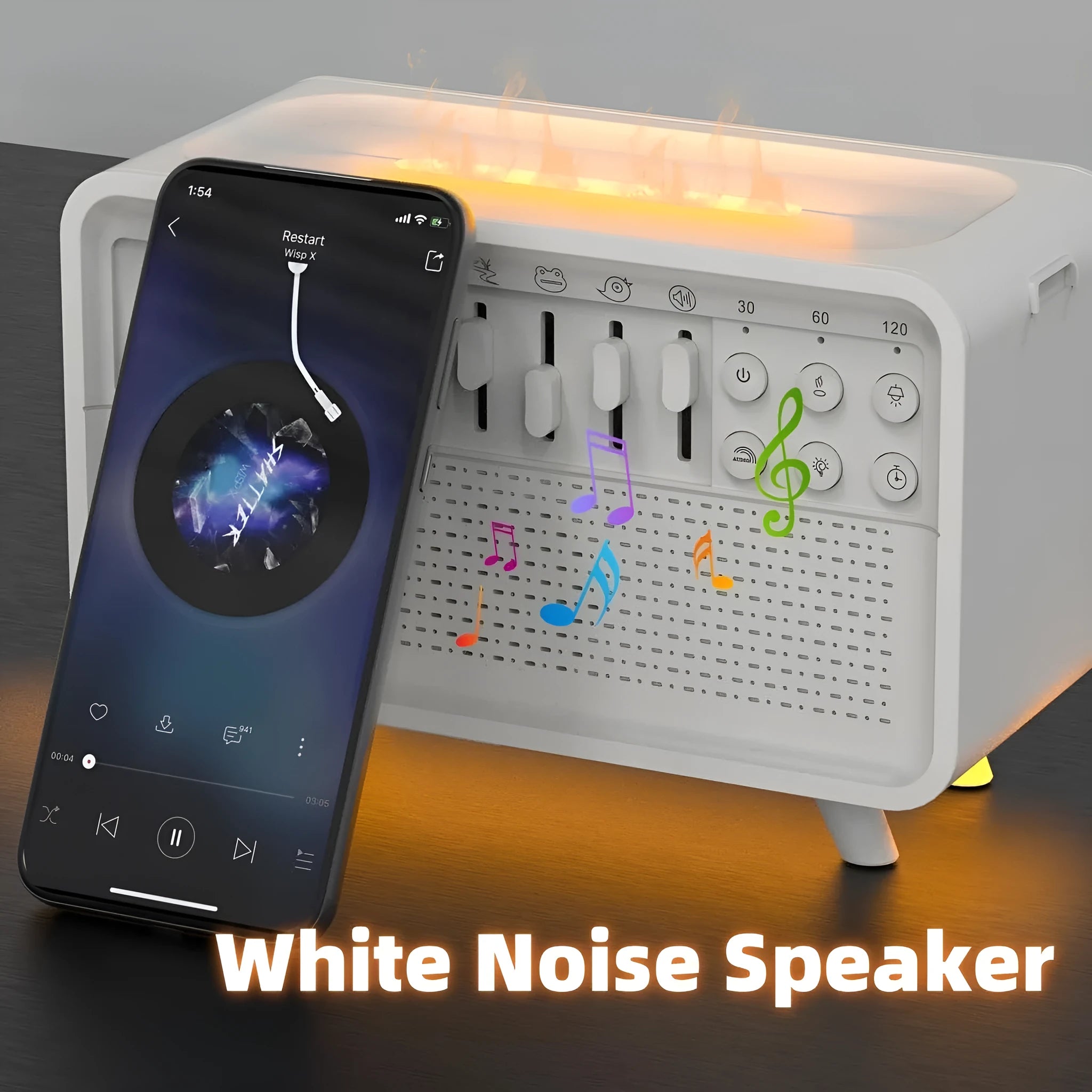 3-in-1 Bluetooth speaker humidifier night light in white with USB, 200mm x 90mm x 130mm geometric stereo design