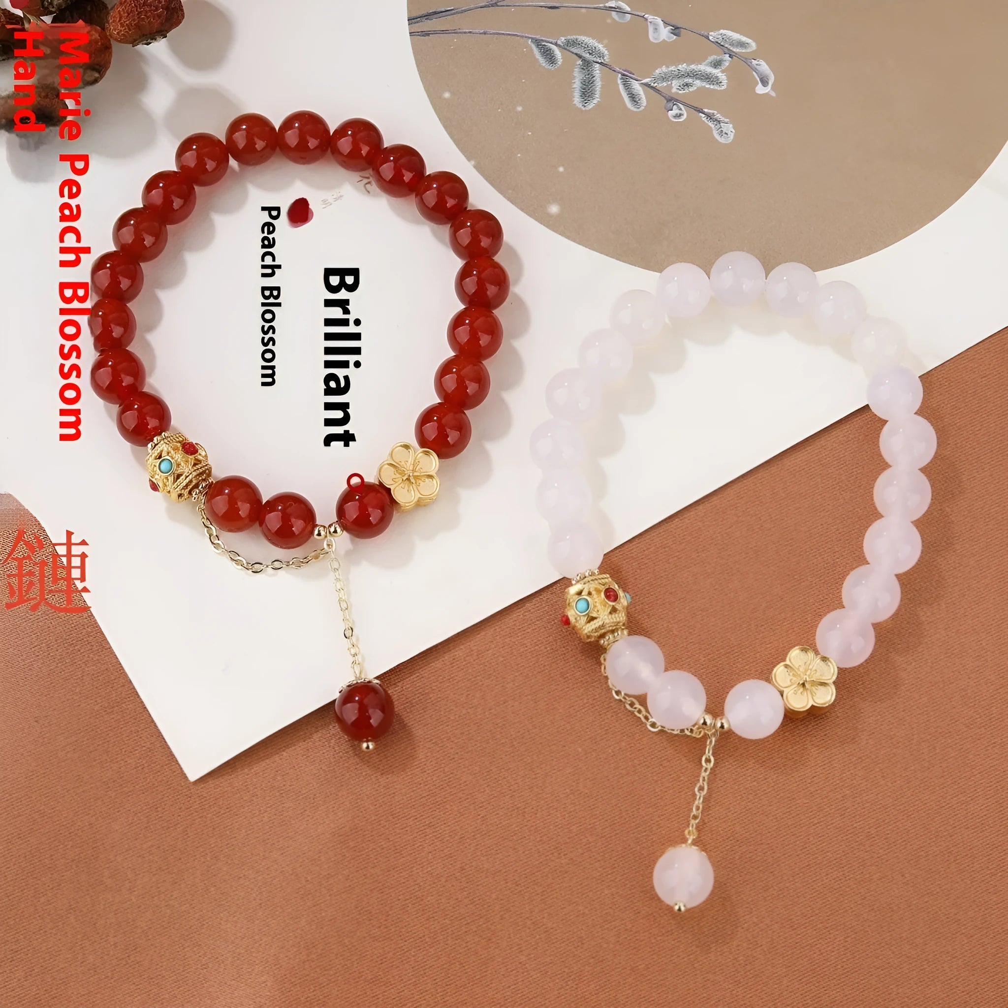 Natural red agate bracelet with 8mm beads and copper peach blossom parts on wrist