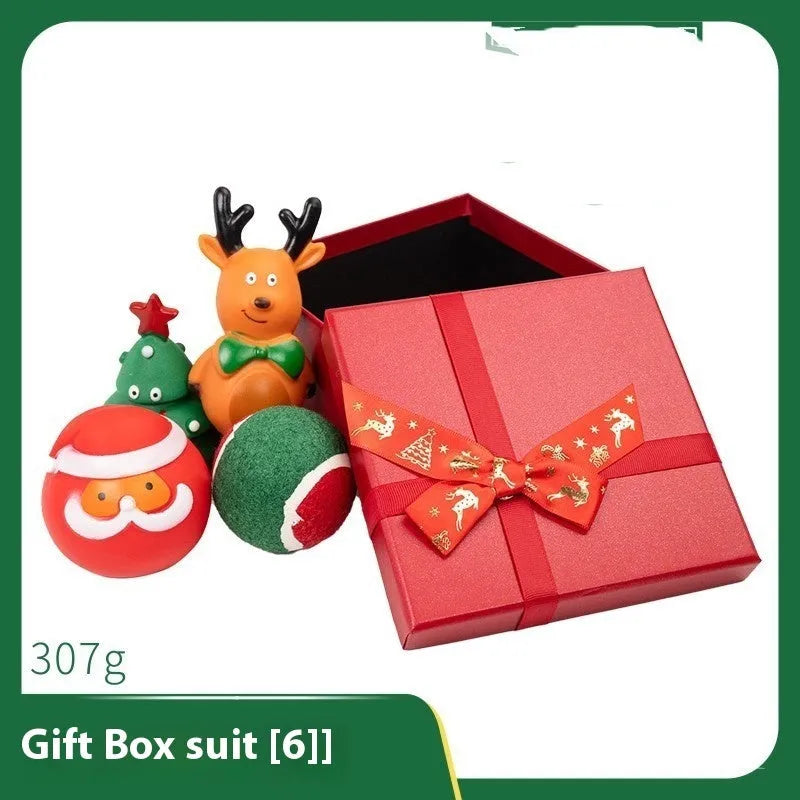 Set of Christmas-themed dog toys including barbell, sweet circle, Christmas tree, footprint ball, tennis bite rope, Santa Claus head, and yellow deer in vinyl material