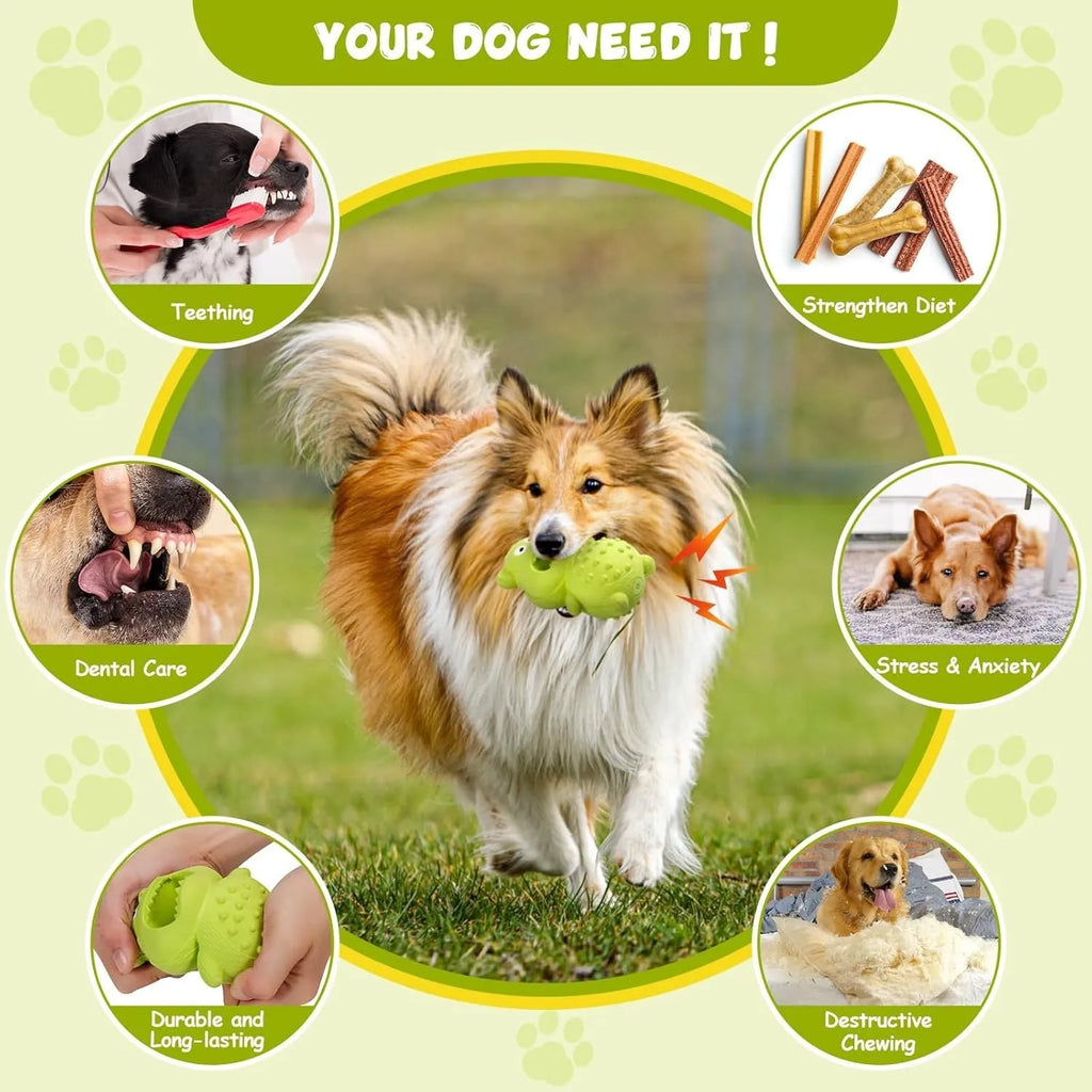 Green and yellow natural rubber squeaky dog toy for aggressive chewers.