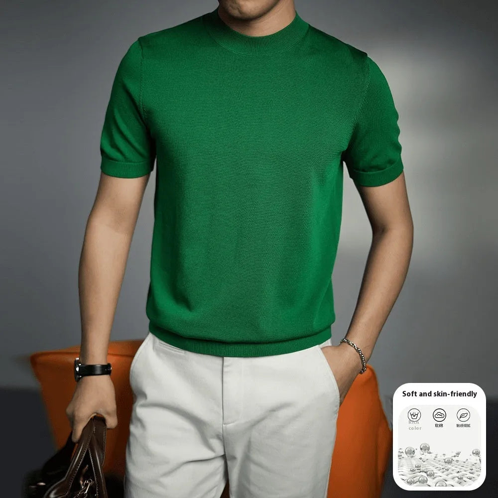 Men's knitted T-shirt in chemical fibre blend fabric with round neck and short sleeves in business gentleman style