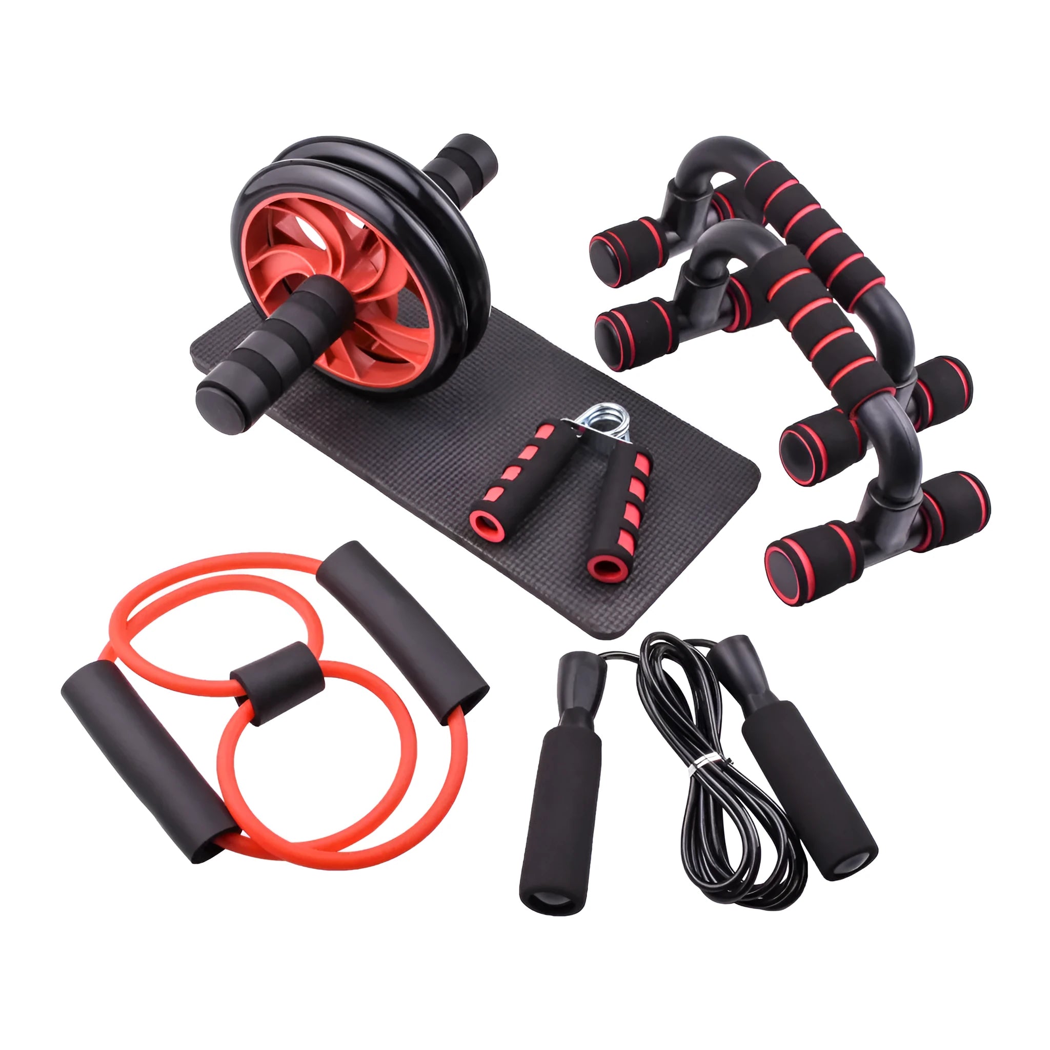 Indoor sports equipment push-up bracket in black with seven abdominal wheel pieces