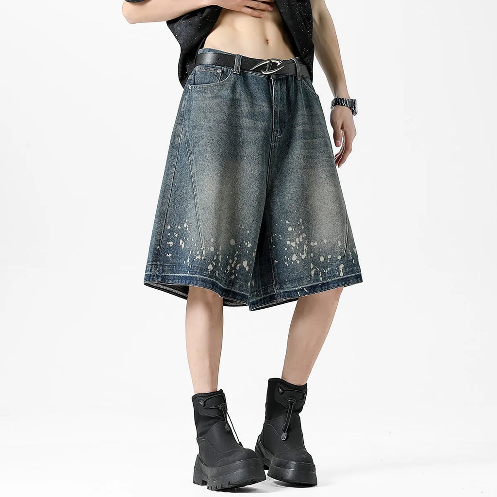 Retro washed ripped splash ink five points denim men's shorts in retro blue, straight fit