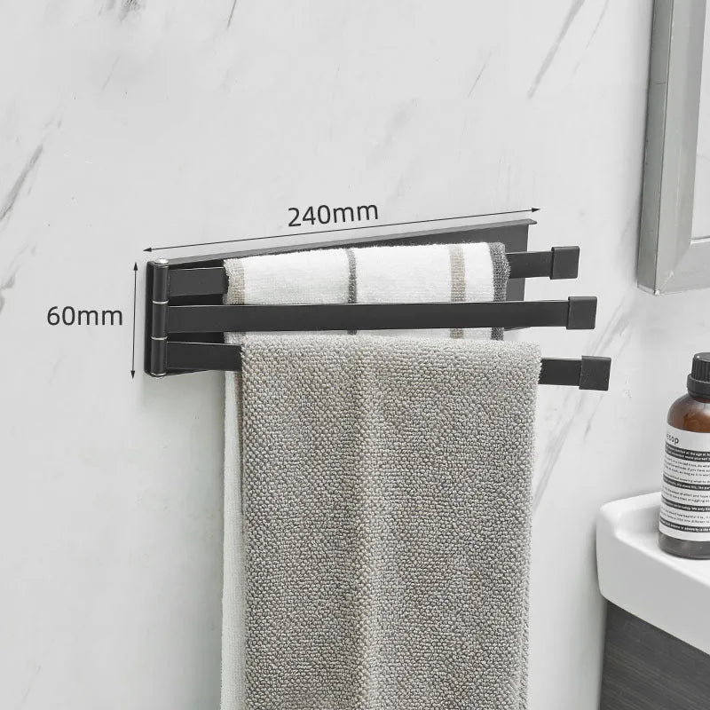 Black folding non-perforated towel bar on tiled bathroom wall, nail-free adhesive installation