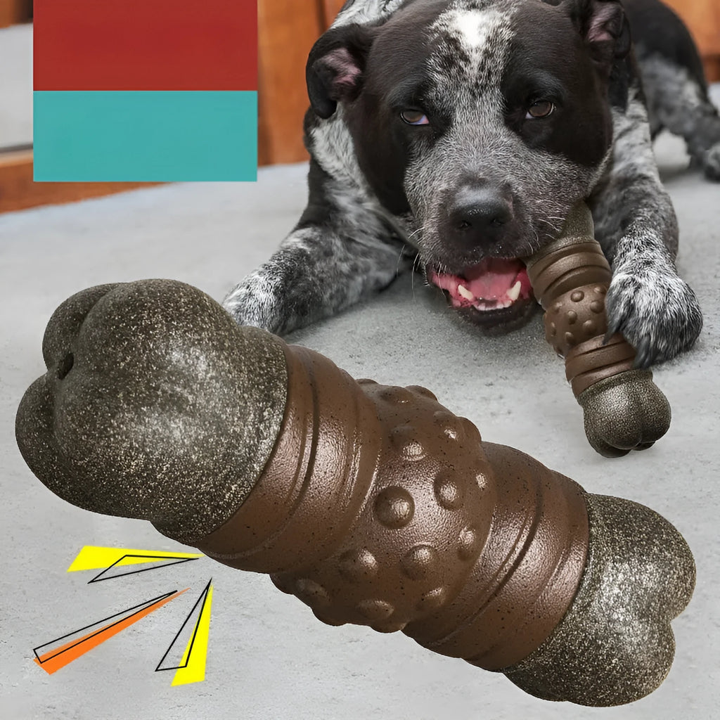 Wood colour bone-shaped plastic dog toothbrush toy with sound-emitting feature