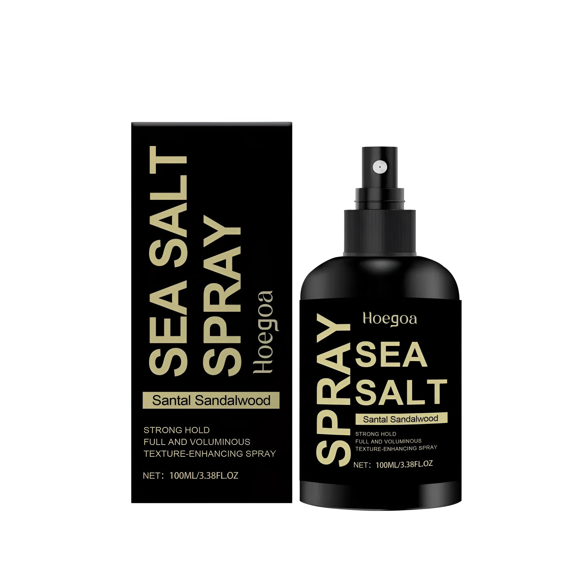 100ml aerosol bottle of sea salt and sandalwood hair styling spray on a grey background