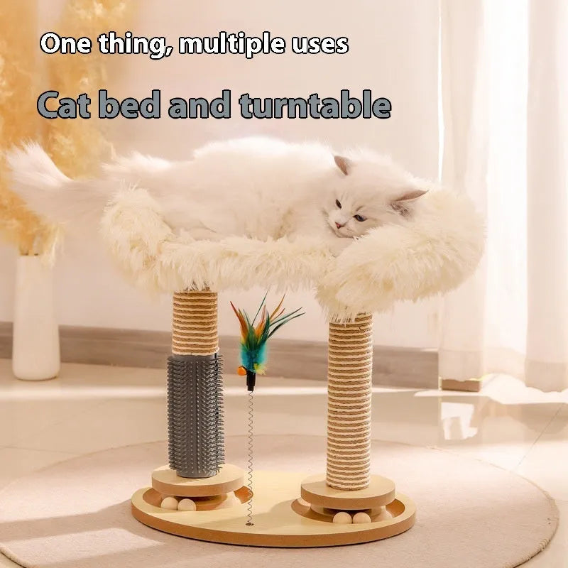Wooden cat climbing frame with double turntable and scratch-resistant surface in cute style