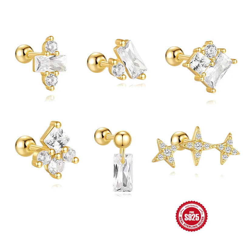 S925 sterling silver red flower stud earrings with square gravel texture and golden electroplated finish