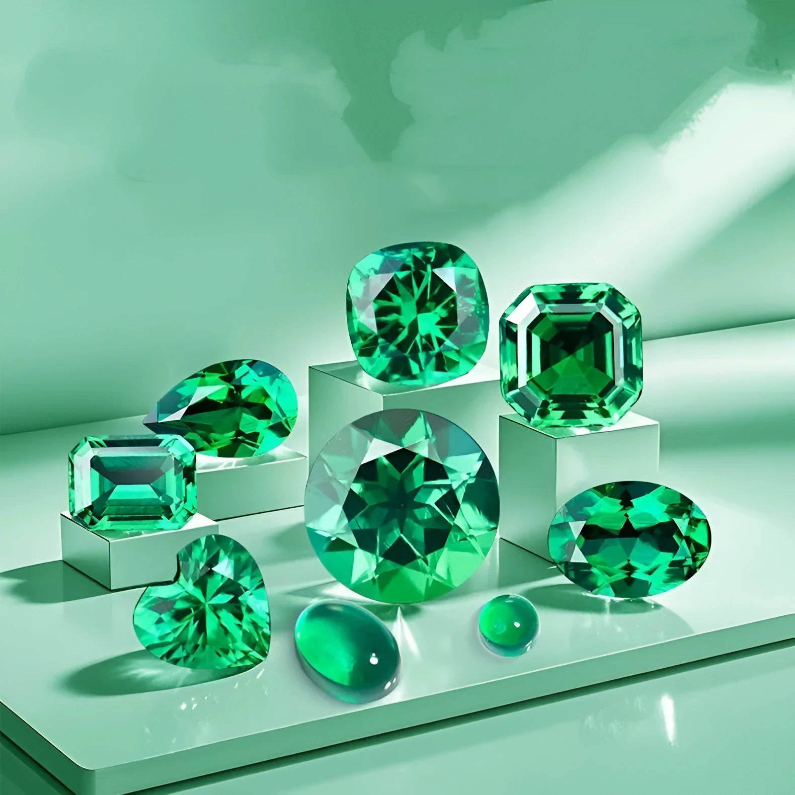 Synthetic cultured emerald gemstone in Columbia green with round and emerald cut size options