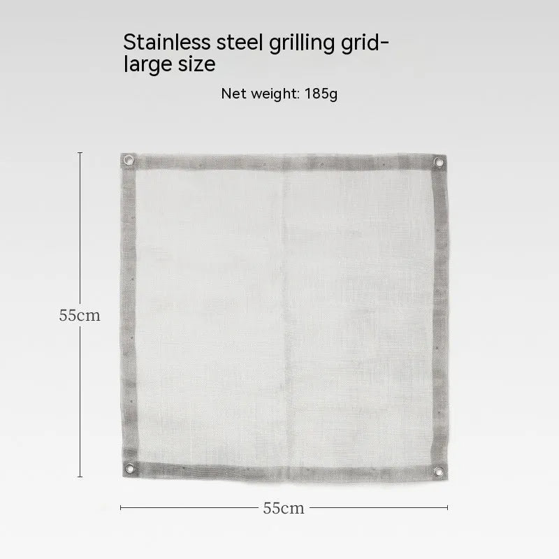 Silver stainless steel large barbecue grill net for outdoor cooking.