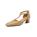 Women's French retro square toe chunky heel shoes in red sheepskin leather with buckle fastening