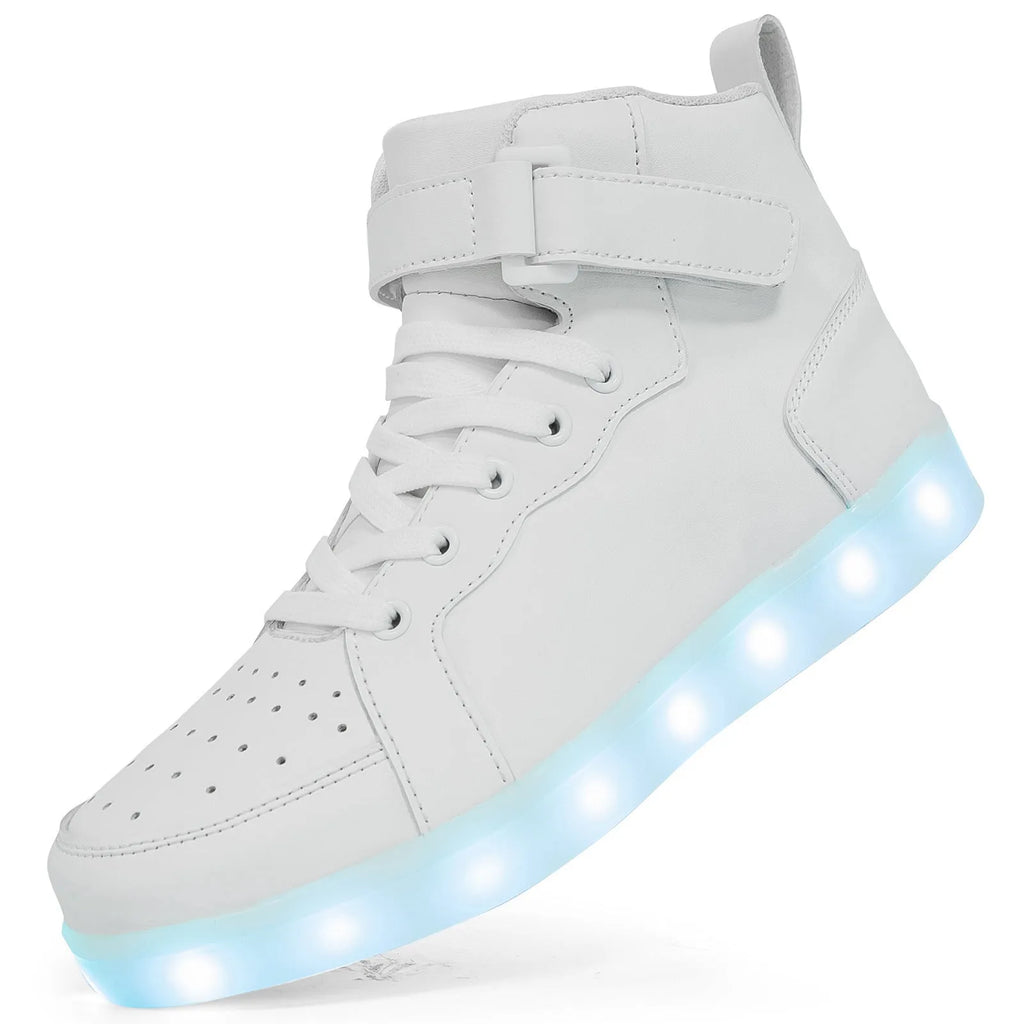LED high-top light-up shoes in black with Velcro strap and rubber sole.