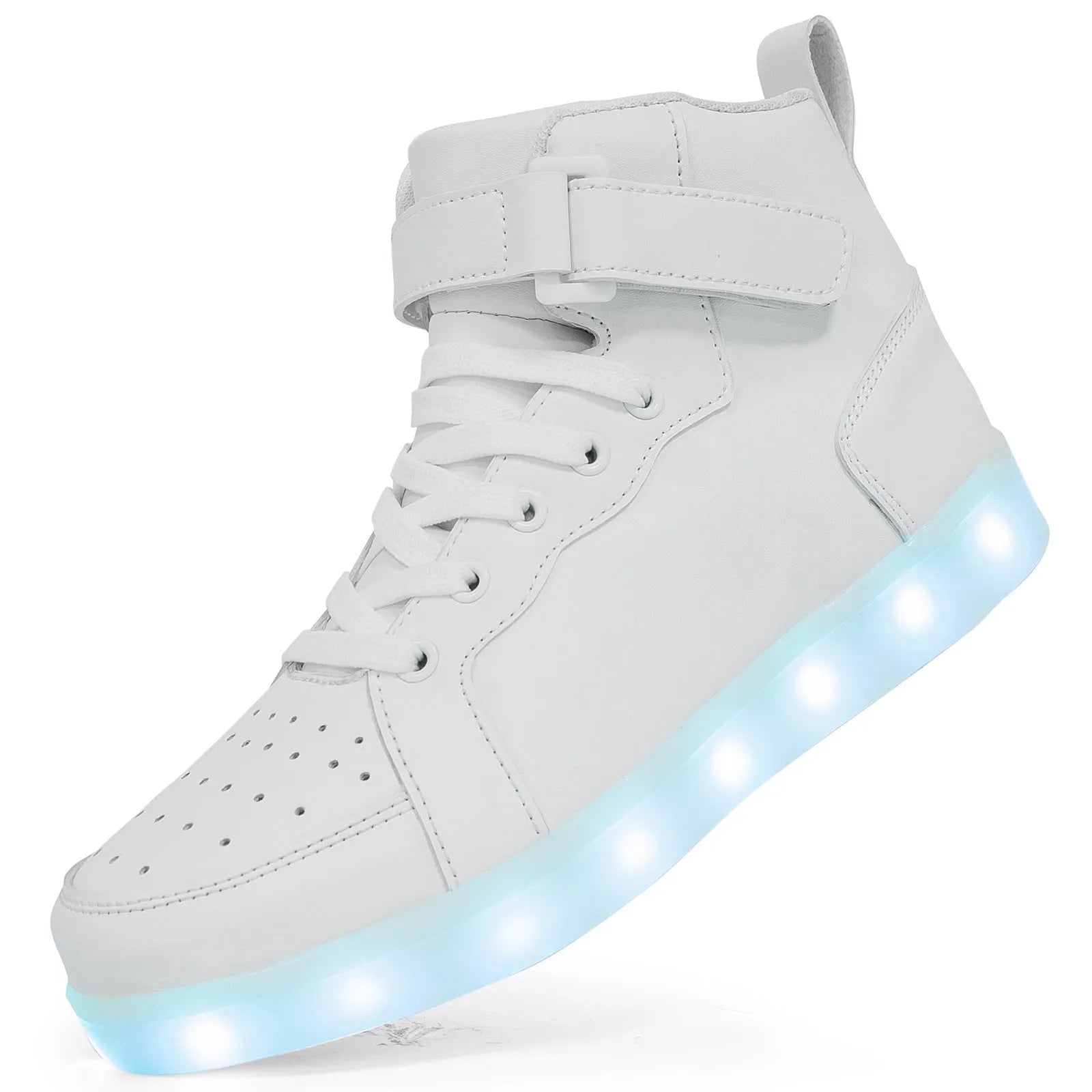 LED high-top light-up shoes in black with Velcro strap and rubber sole.