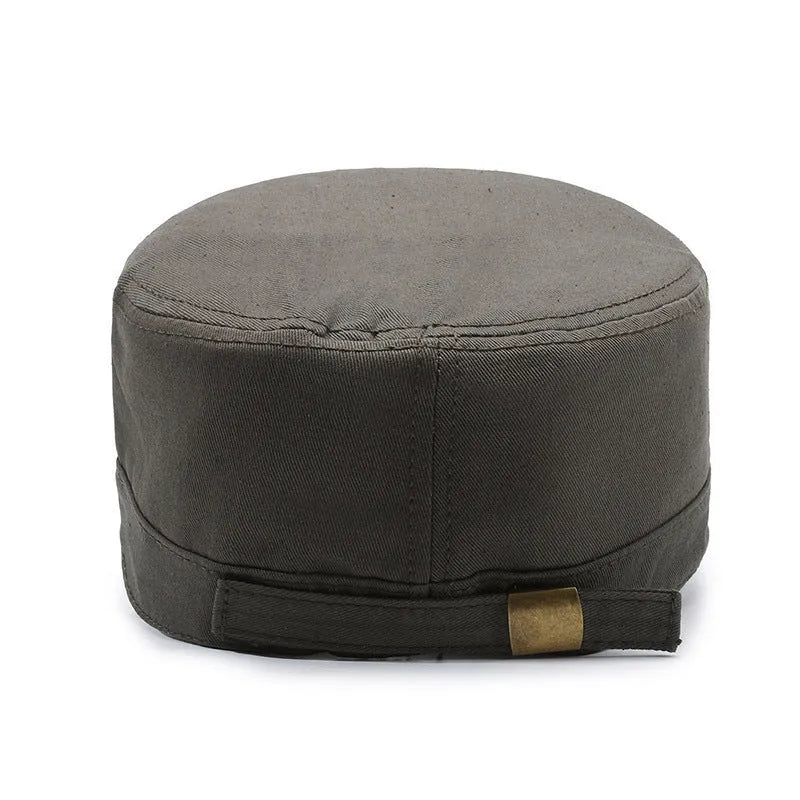 Men's adjustable cotton peaked cap in army green with dome crown and English letter print.