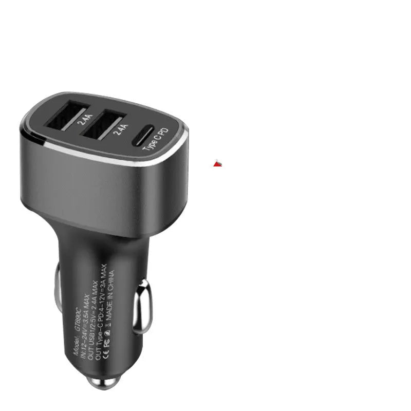 Car charger with dual USB and Type C ports, metal and PC construction, 12-24V fast charging