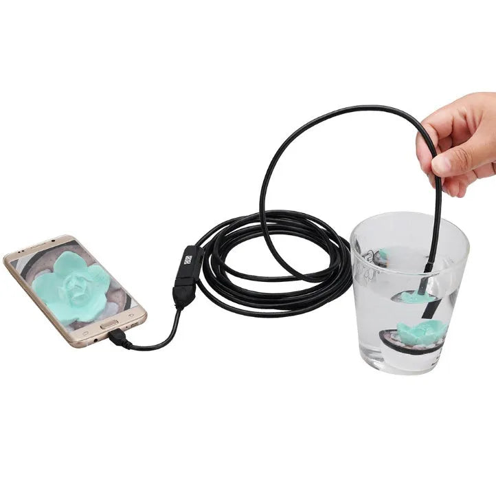 OWSOO USB endoscope camera with 5m cable, hook, magnet, and side mirror accessories for phone and PC inspection.