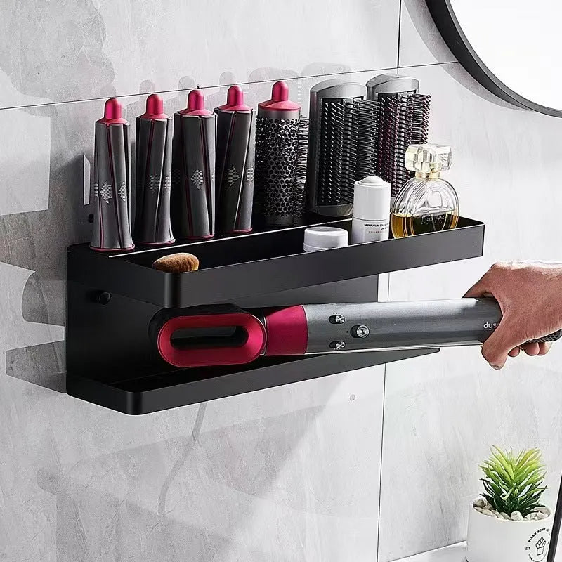 Black punch-free aluminium Marcel waver storage rack mounted on bathroom wall