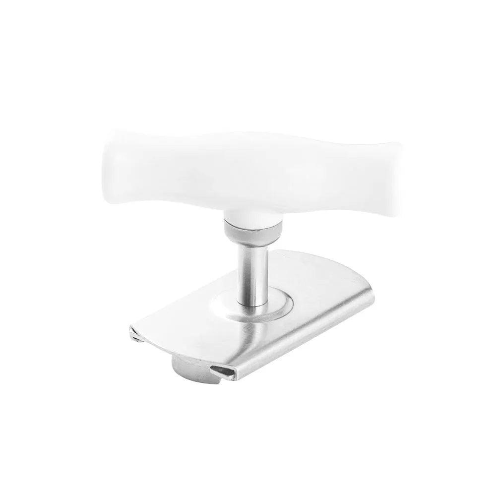 White stainless steel adjustable bottle opener with gear mechanism and PP anti-skid handle on a surface