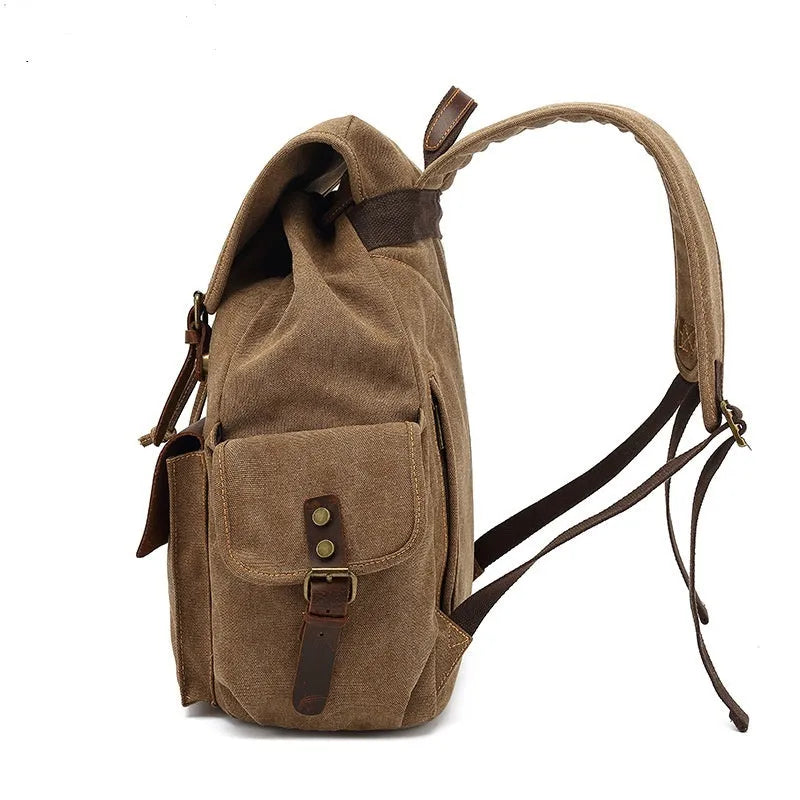 Retro canvas backpack in military green with antique bronze hardware, 33x42x16cm, for 16-inch laptop travel