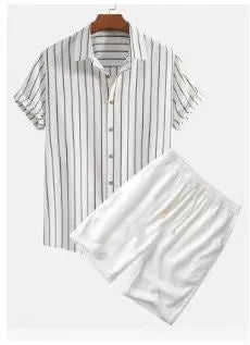 Men's beach style short sleeve shirt and shorts set in polyester fibre, size S to 4XL, multiple colours.