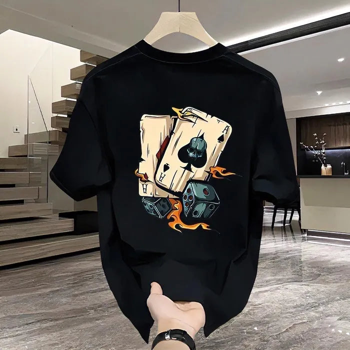 Heavy cotton printed men's short-sleeved t-shirt in black with pure cotton fabric, available in sizes S to 5XL
