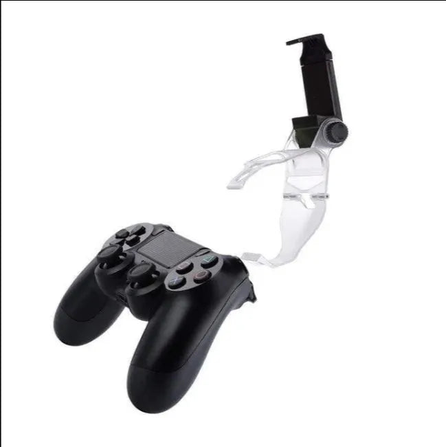 Black PS4 controller mount clip holding an Android phone with OTG cable connected, showing gaming setup