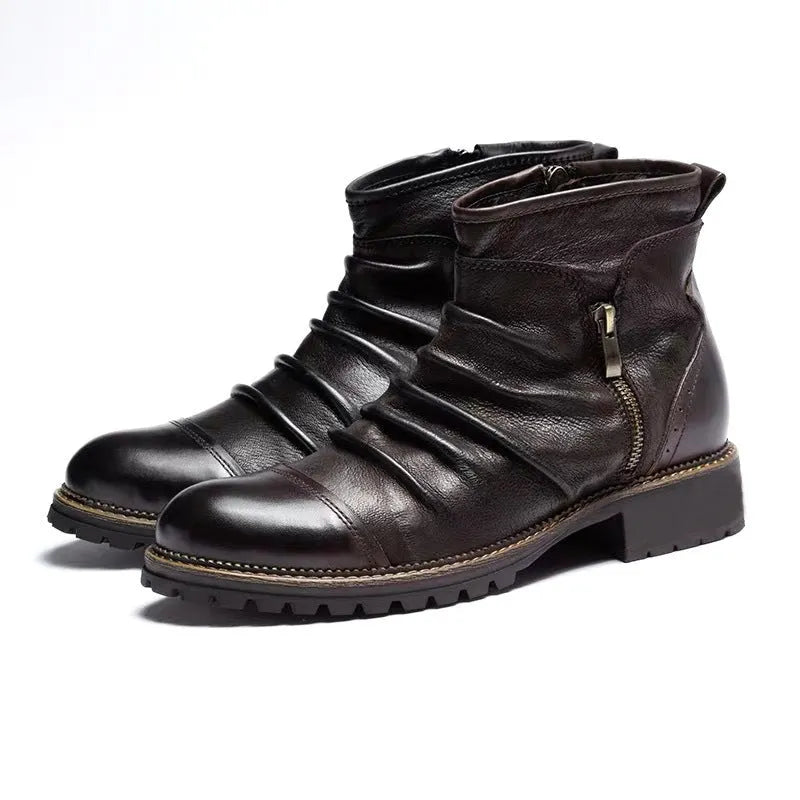 Men's black artificial PU cowboy boots with side zipper, round toe, and a mid-height horseshoe heel.