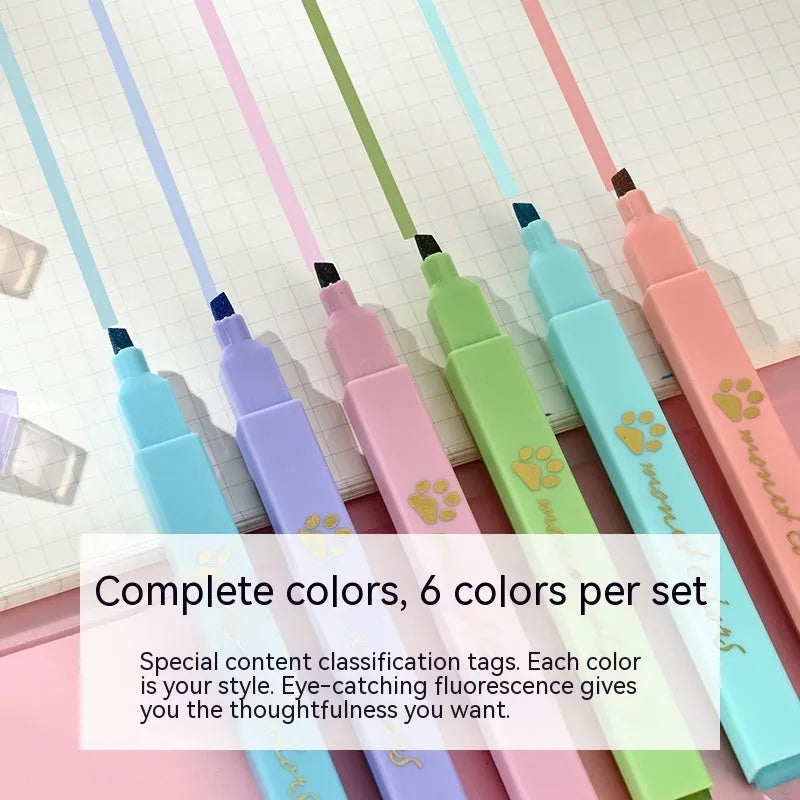 Cat's Paw highlighter pen set with six fluorescent colours and oblique pen heads in a box.