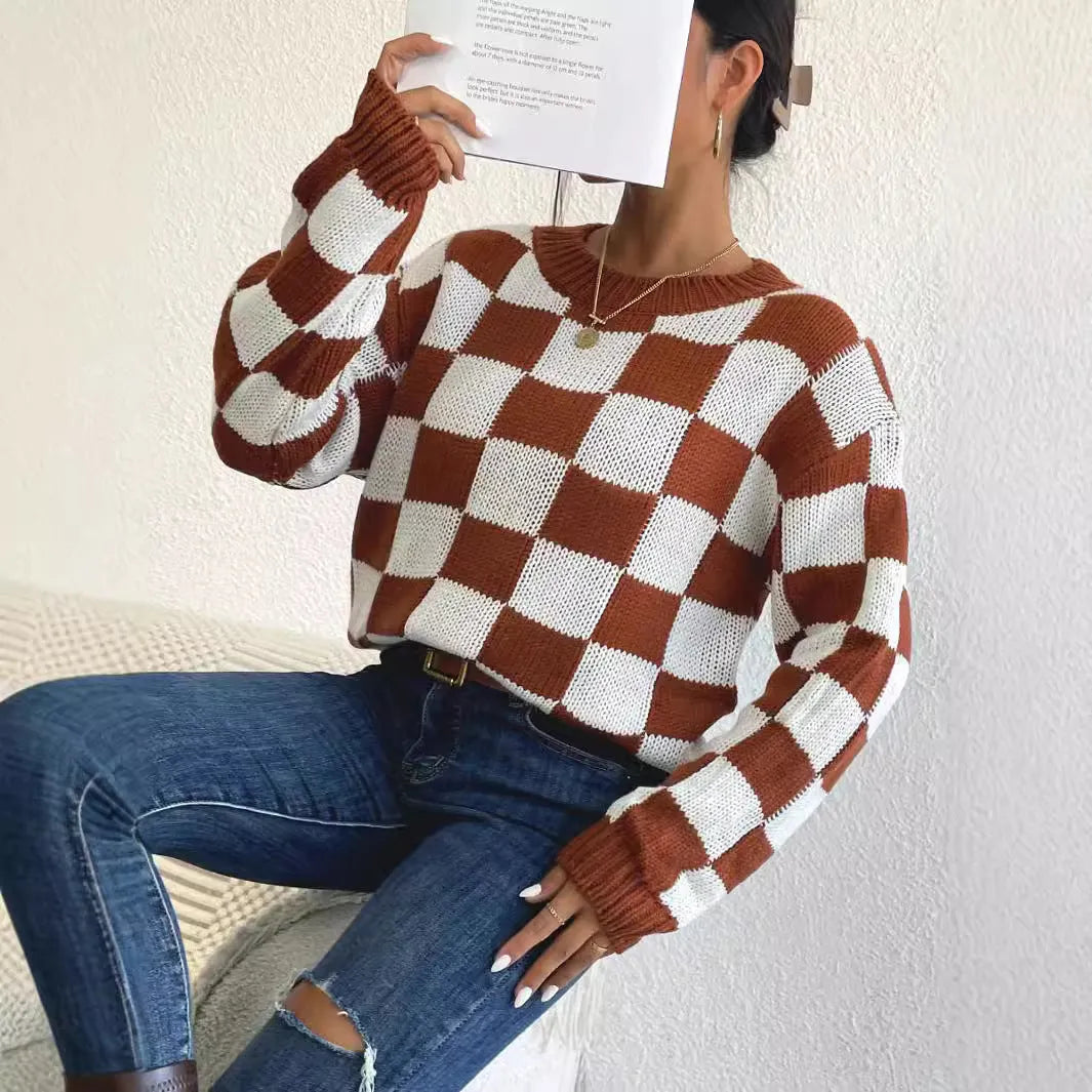 Dark brown plaid acrylic pullover sweater with round neck and long sleeves in loose casual style