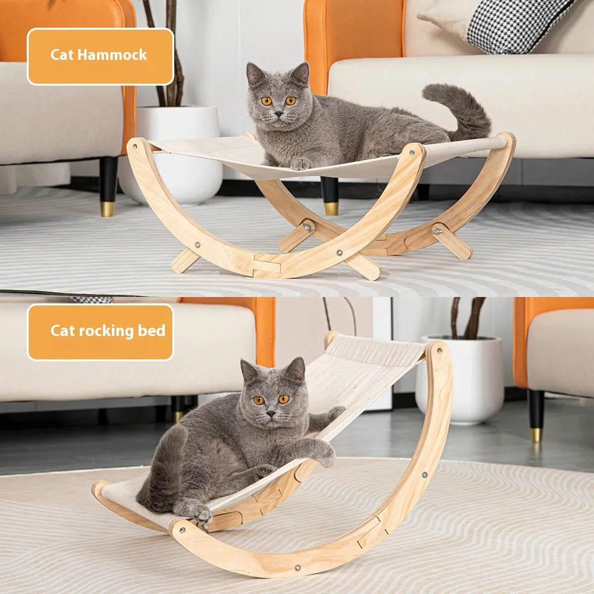 Solid wood foldable cat shaker bed hammock with canvas fabric option on a floor