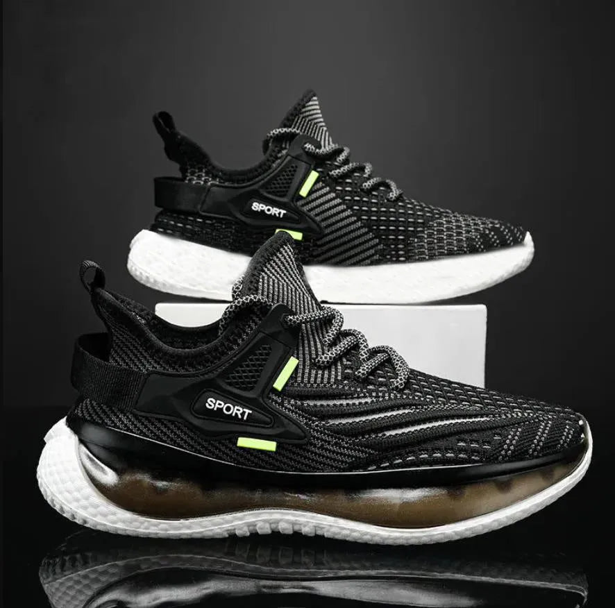 Men's white mesh platform sneakers with flat heel and lace-up front closure