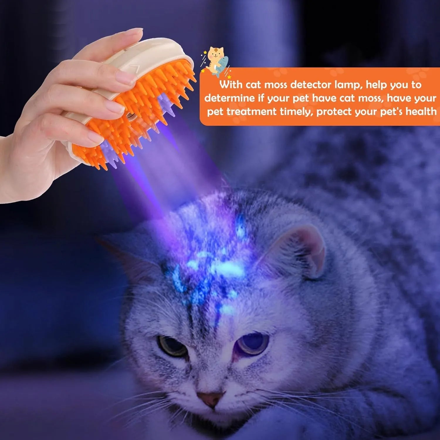 Yellow 4-in-1 cat steam grooming brush with silicone bristles, water tank, and ringworm detector lamp