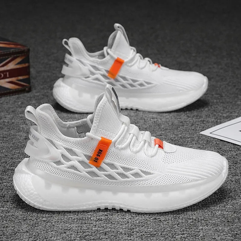 Men's white mesh platform sneakers with flat heel and lace-up front closure