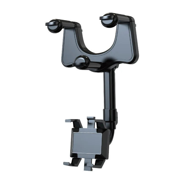 Black rearview mirror phone holder with rotating head and telescopic arm extended