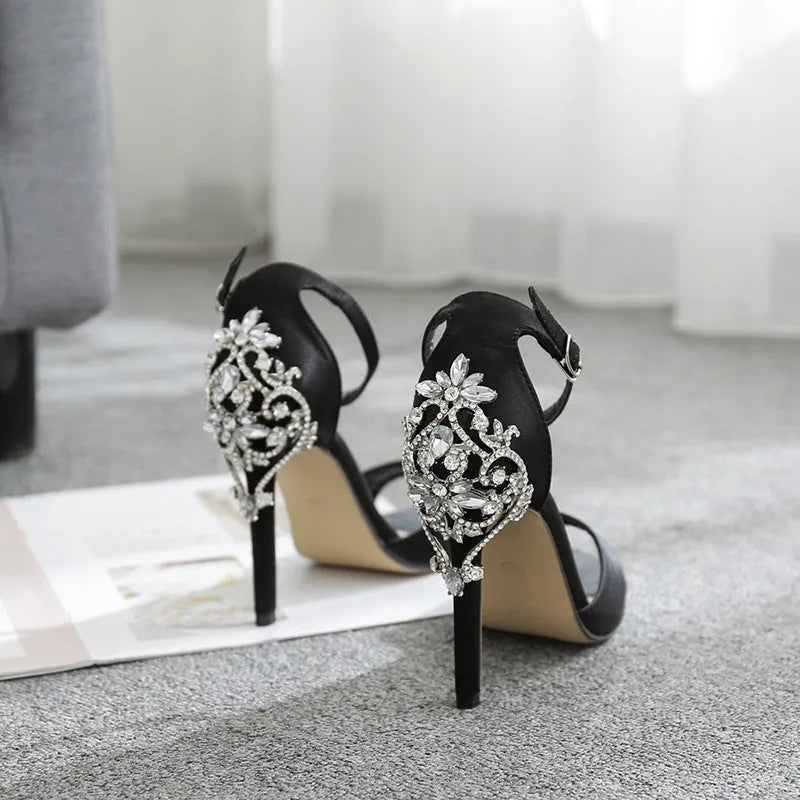 Black suede women's high heel sandals with rhinestone decoration and fish mouth toe
