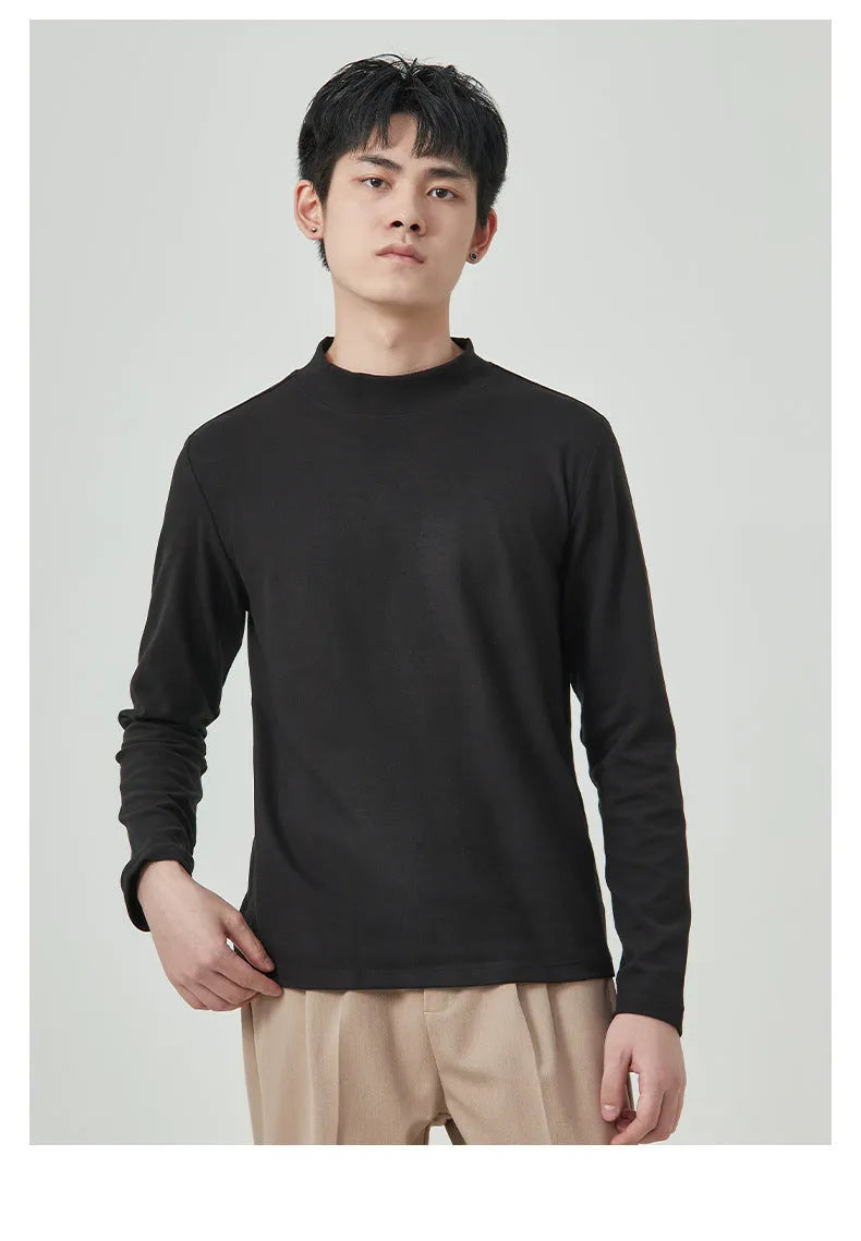 Men's Dralon half-high collar long sleeve T-shirt in solid colour, brown, black, white, milky white, gray options
