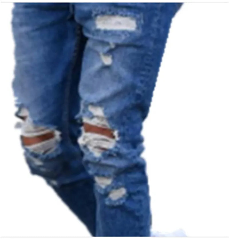 Men's deep blue cotton jeans with hole detailing showing front and back views