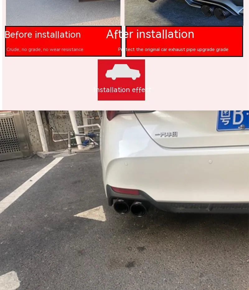 Black carbon fibre car exhaust pipe with double outlet design showing 250mm measurement