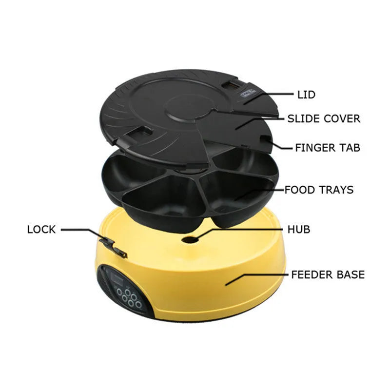 Pet automatic feeding machine in yellow with six food storage slots and display