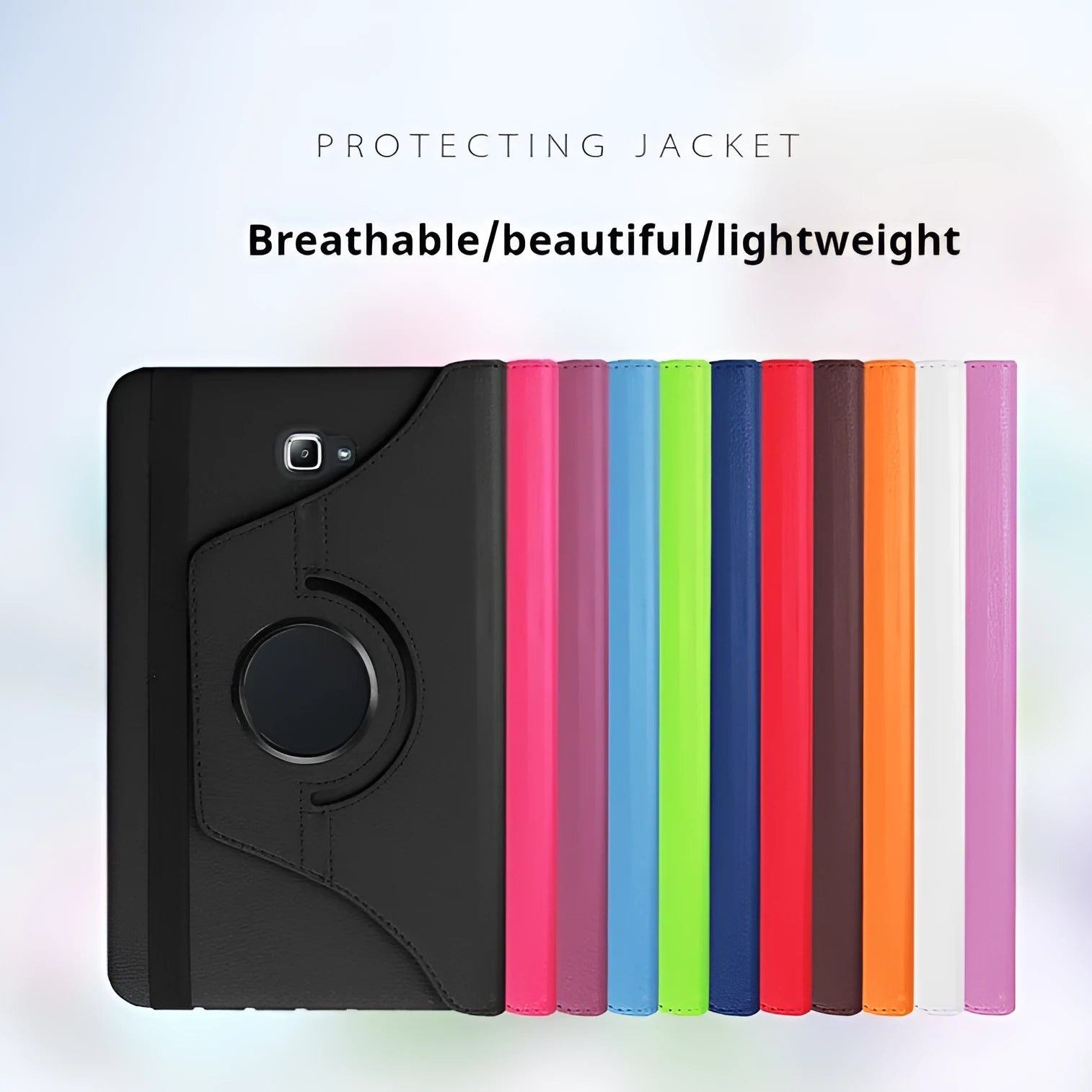 Rotating leather tablet case in clamshell business design showing adjustable viewing mechanism