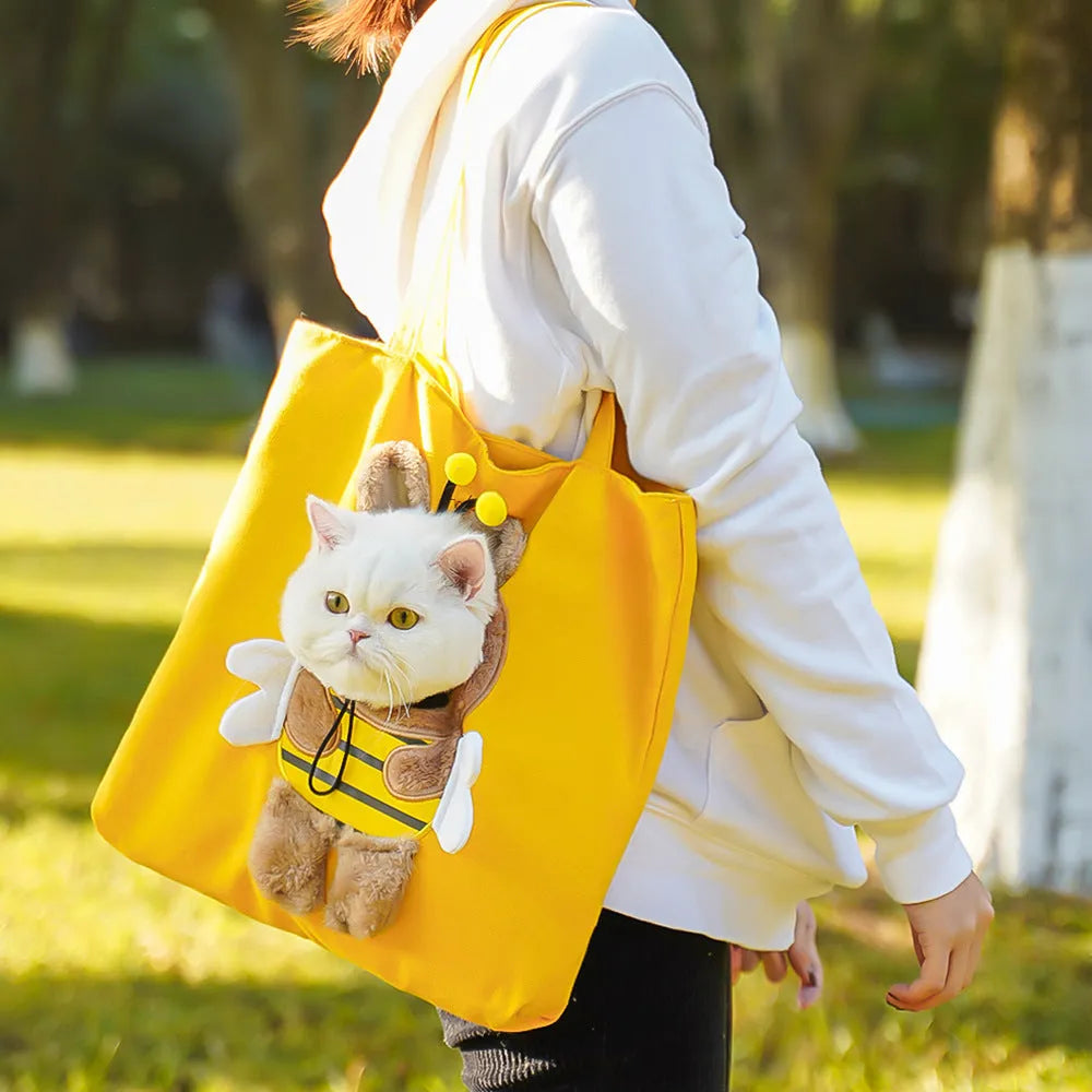 Canvas shoulder pet carrier bag with cartoon print for small cats and dogs