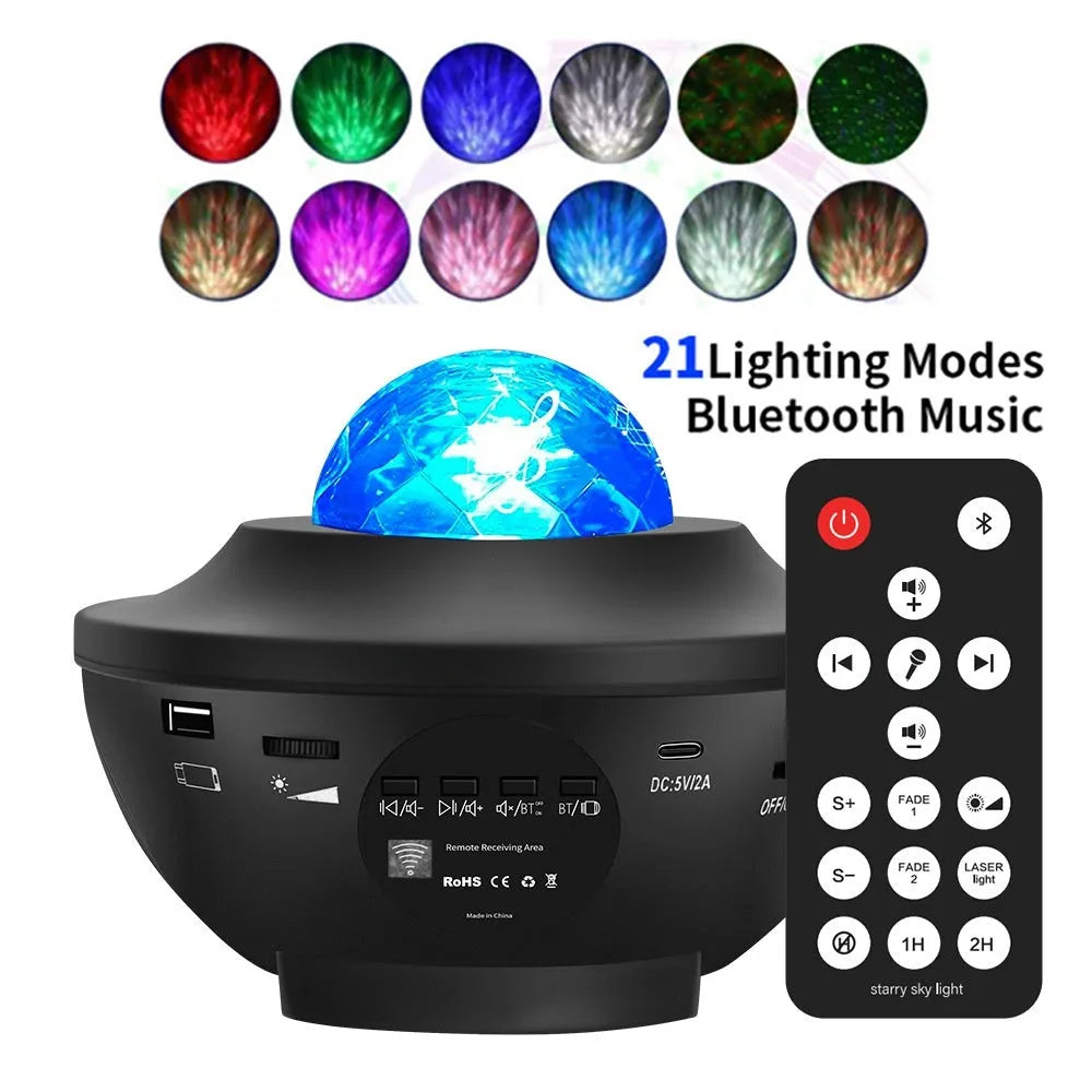 Black parallel style starry sky projection lamp with rotating water ripple effects on desktop