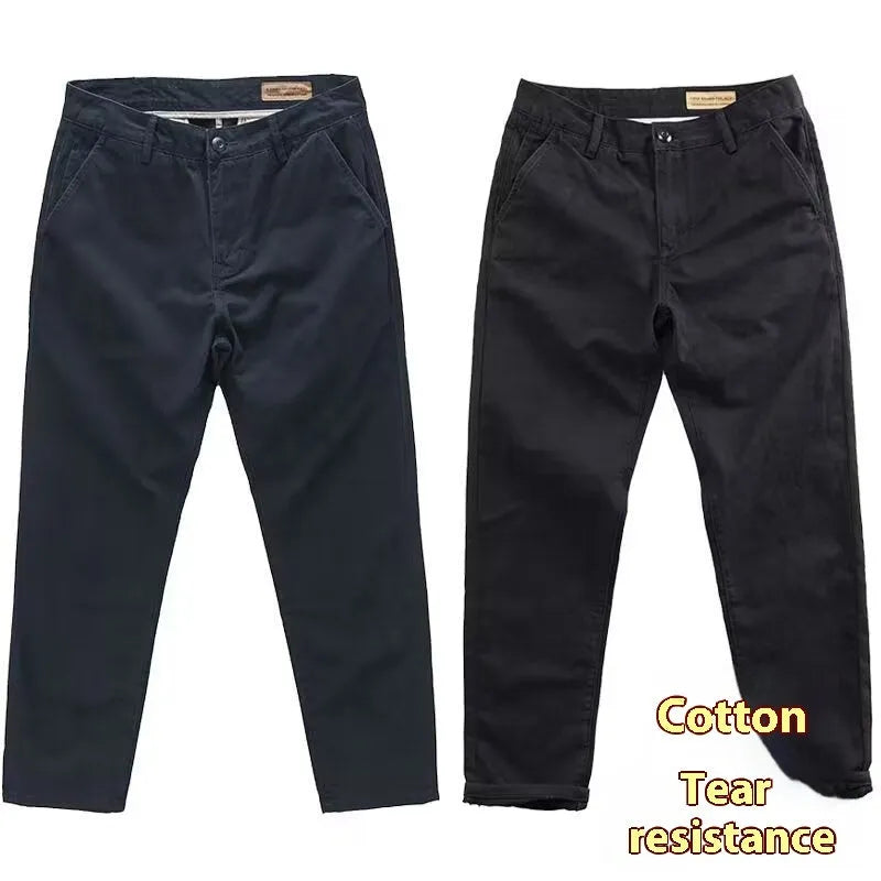Men's slim washed straight-leg trousers in khaki – cotton-polyester blend with micro elastic weave, side view
