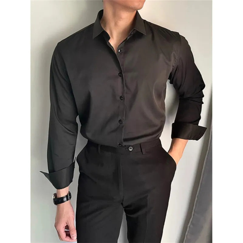 Men's Korean slim fit solid colour shirt in white, cardigan style, polyester blend, available in multiple sizes