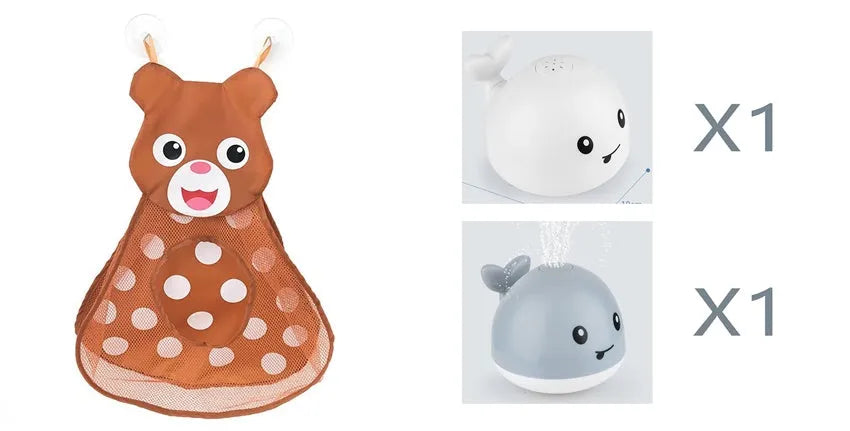 White and blue electric whale bath toy spraying water with lights on a base.