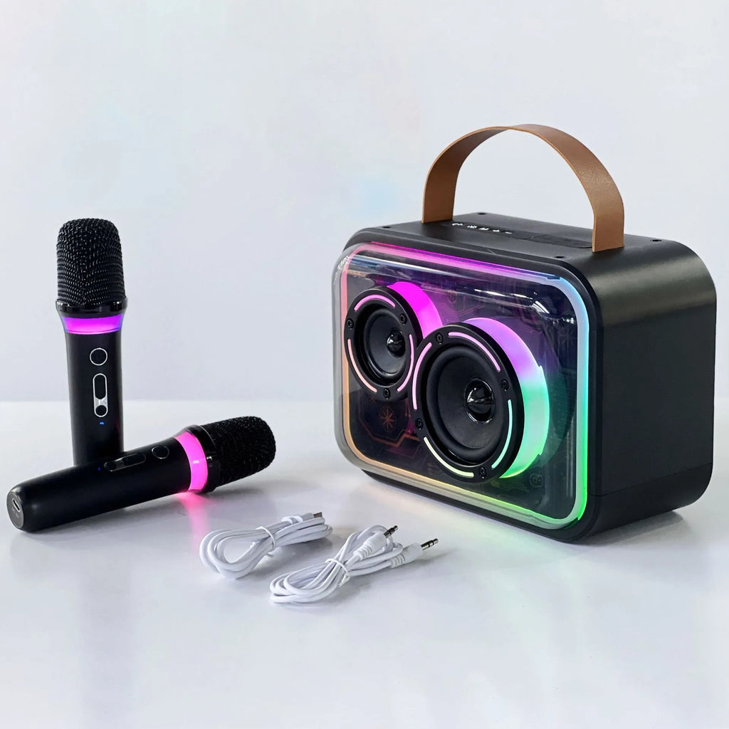 Portable Bluetooth karaoke speaker with RGB lights, black finish, showing speaker grille and control panel