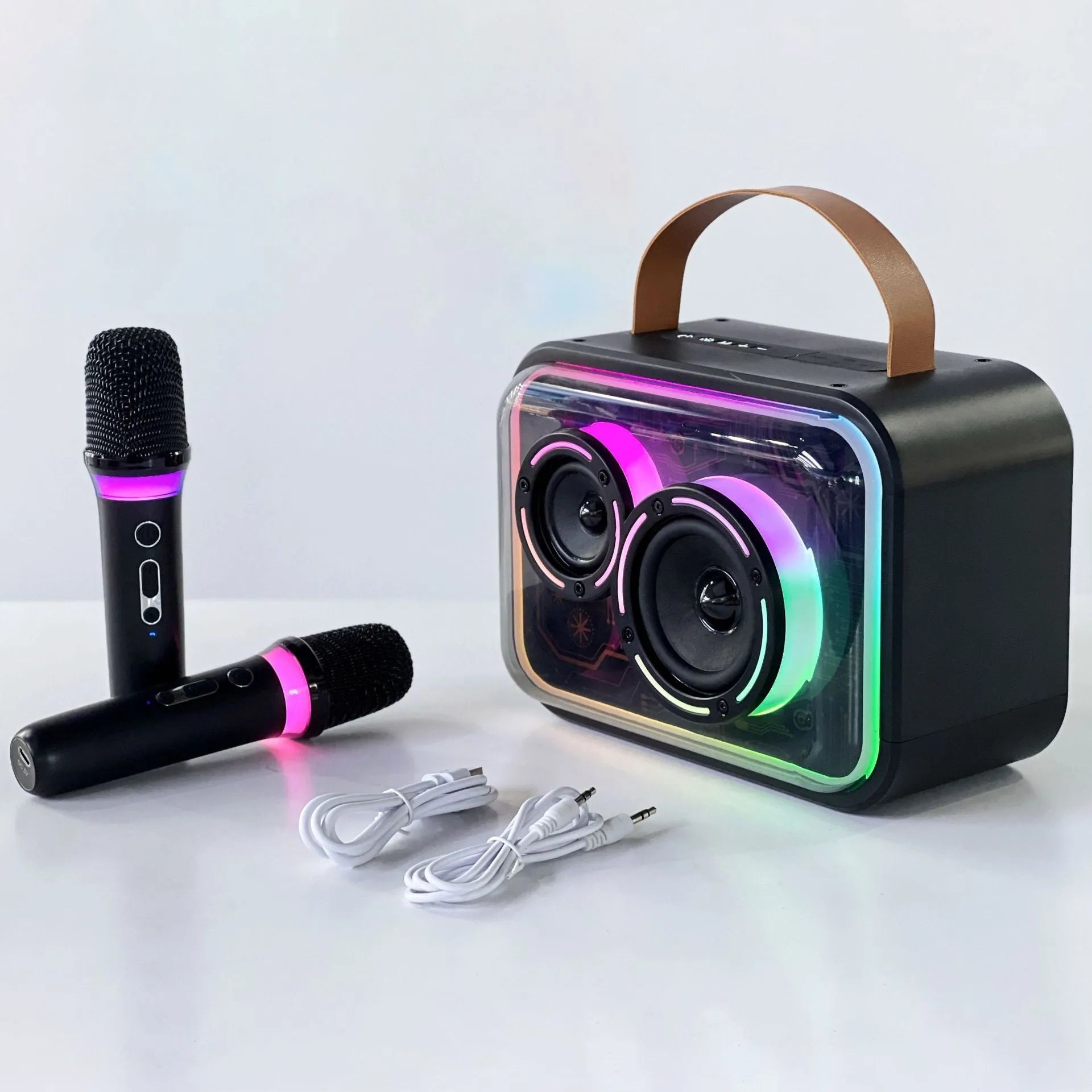 Portable Bluetooth karaoke speaker with RGB lights, black finish, showing speaker grille and control panel