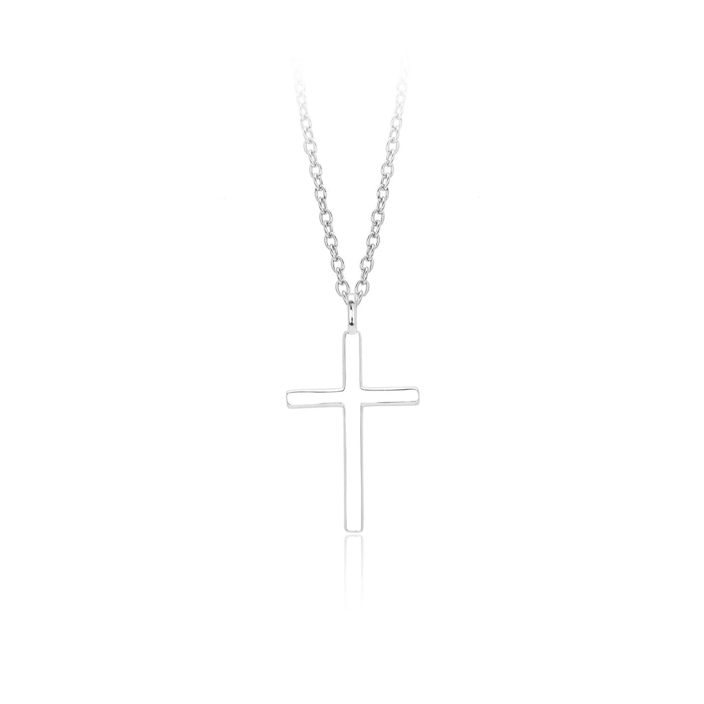 Simple glossy cross pendant on a sterling silver O-chain necklace.